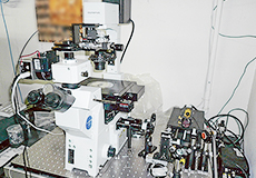 共焦点顕微鏡で、ガラス線量計内の蛍光飛跡を測定し、中性子計測を行います。